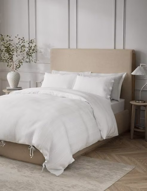 M&S Classic Striped Pure Cotton Bedding Set, White, W: 140 cm, L: 200 cm