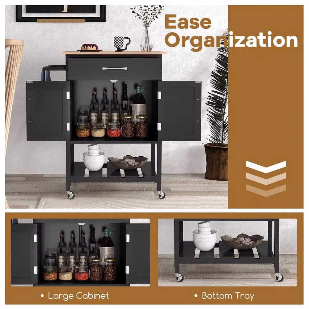 VOGREX Modern Wheeled Kitchen Island Cart with Drawer in Black and Rubberwood – 5