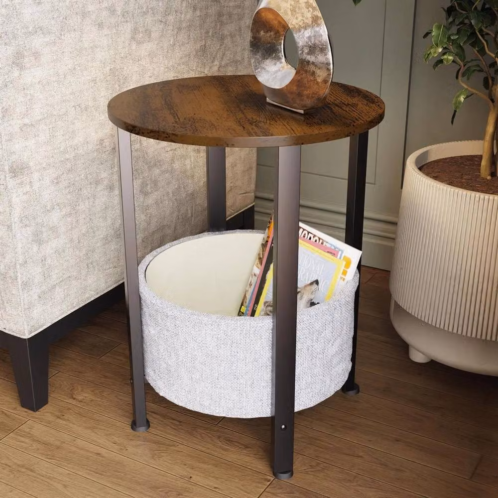 Havendro Round Cream Fabric Storage Table with Brown Metal Legs – 3
