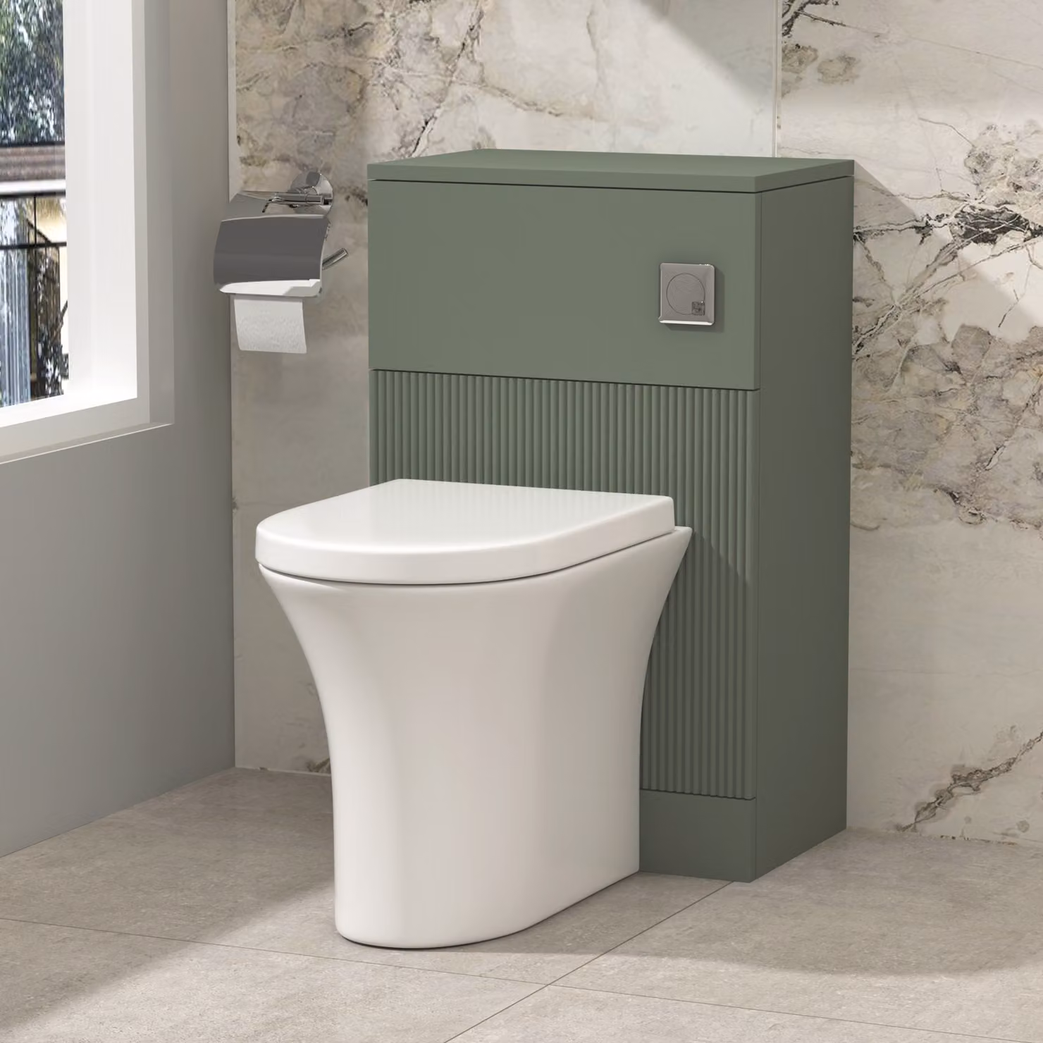 Royal Bathrooms Evora 500mm Fluted Wall Mounted BTW WC Unit with White Rimless Ceramic Toilet and Soft Close Seat