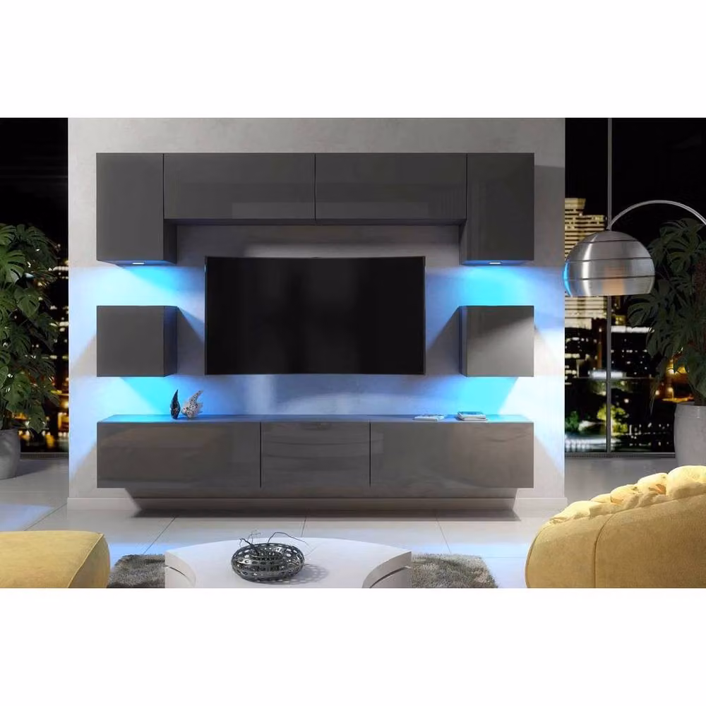 FORGEVIO Modern Grey Glossy MDF TV Unit with Integrated LED Lighting – 2