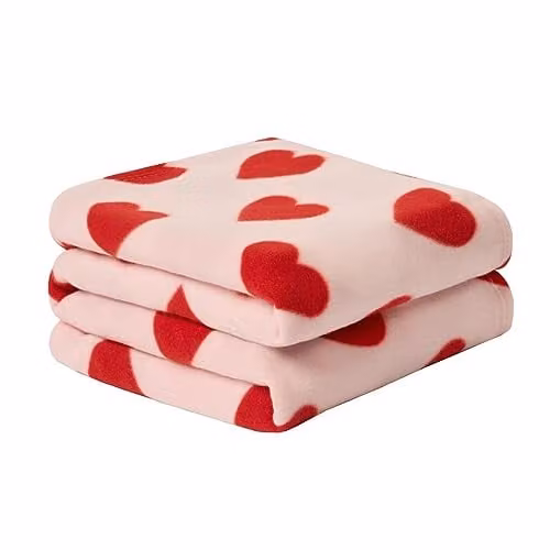 OHS Soft Heart Print Polar Fleece Throw, Pink and Red, W/D/H: 120 x 150 cm