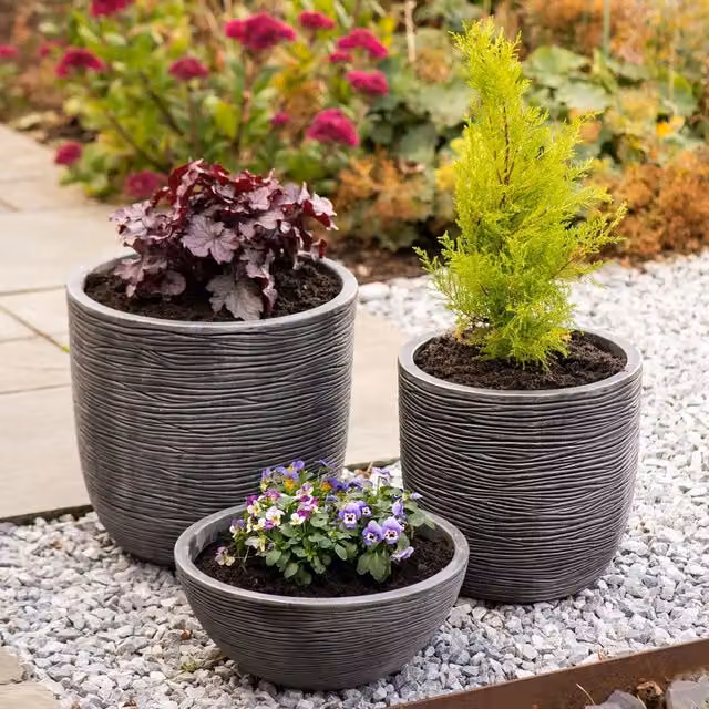 Strata Products 3 Piece Grey Round Amalfi Stone Effect Decorative Planter Set