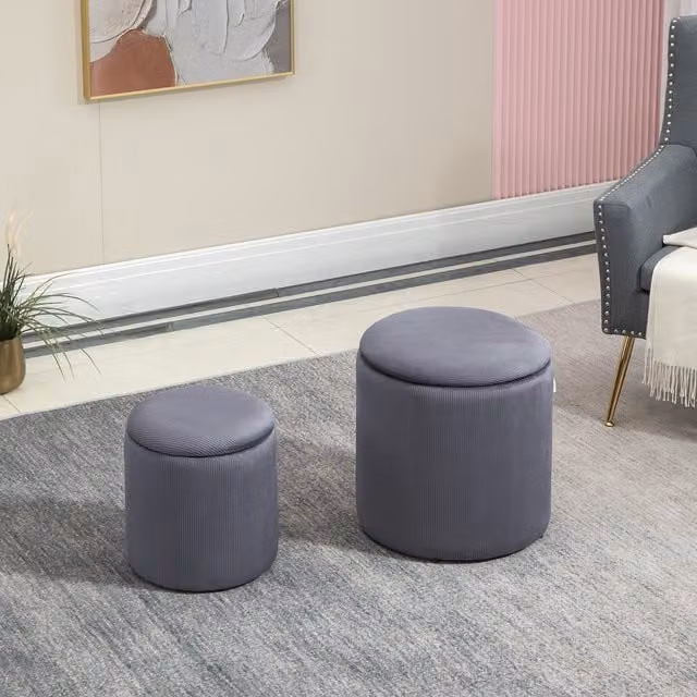 HOMCOM Modern Cylindrical Fabric Storage Ottoman in Grey