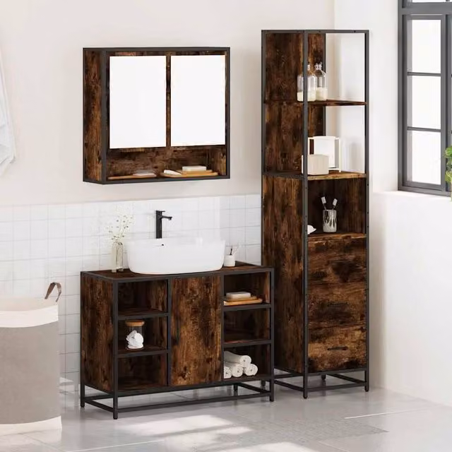 Berkfield Home 3-Piece Industrial Bathroom Furniture Set in Smoked Oak Brown, including Mirror Cabinet, Vanity Unit and Tall Cabinet