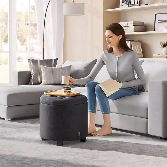 The Bazaarist Round Storage Ottoman in Dark Grey with Wooden Legs