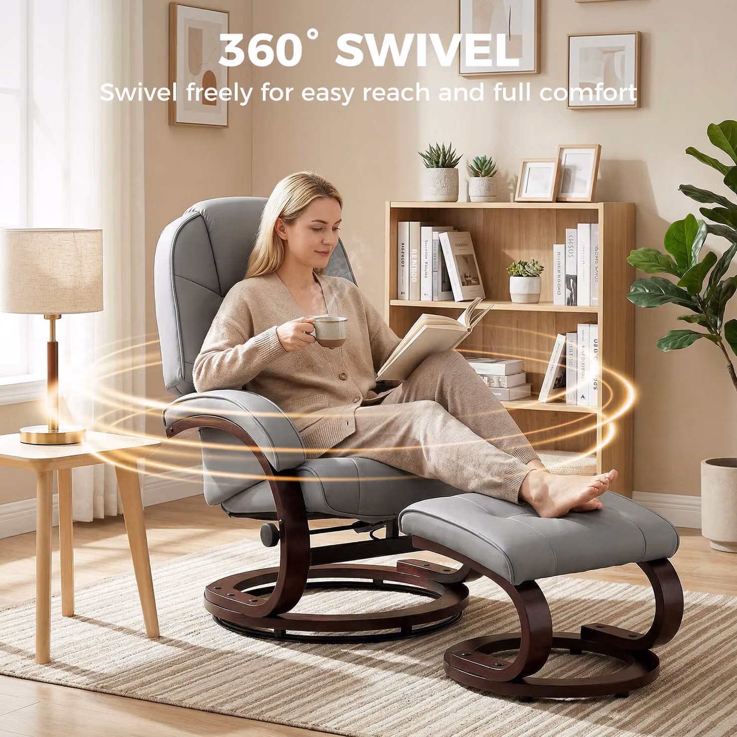 HOMCOM Swivel Recliner Chair with Footstool, Grey PU Leather Armchair with Adjustable Back and Solid Wood Frame – 5