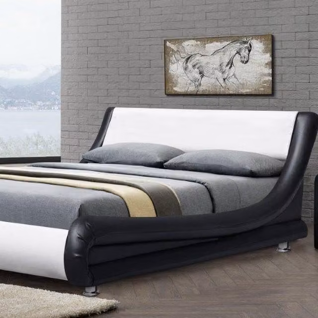 Comfy Living Italian Designer Upholstered Faux Leather Bed Frame in Black and White, 140 x 200 cm