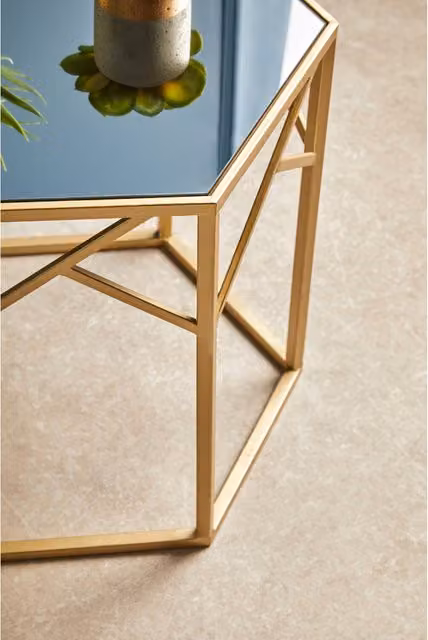 Orsina Set of 2 Hexagonal Nesting Side Tables in Gold with Glass and Metal Tops – 2