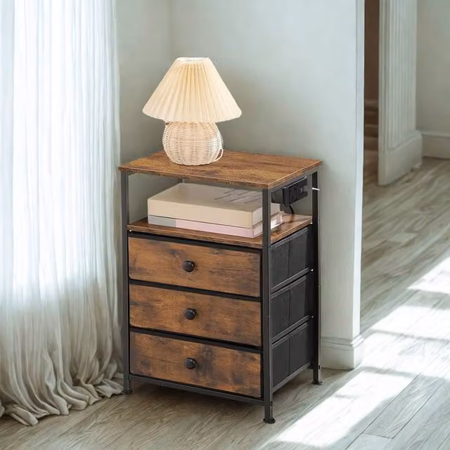 FURNOS Smart Bedside End Table with 3 Drawers and USB Ports, Brown, W/D/H: 60 x 39 x 29 cm