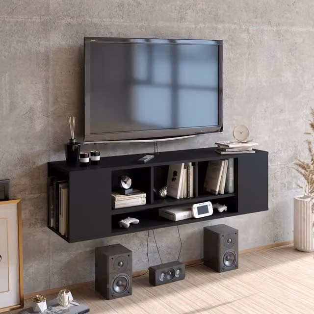Decorotika Paldi TR Wall Mounted Modern Black TV Unit with Media Compartments W/D/H: 135 x 35.2 x 38.8 cm