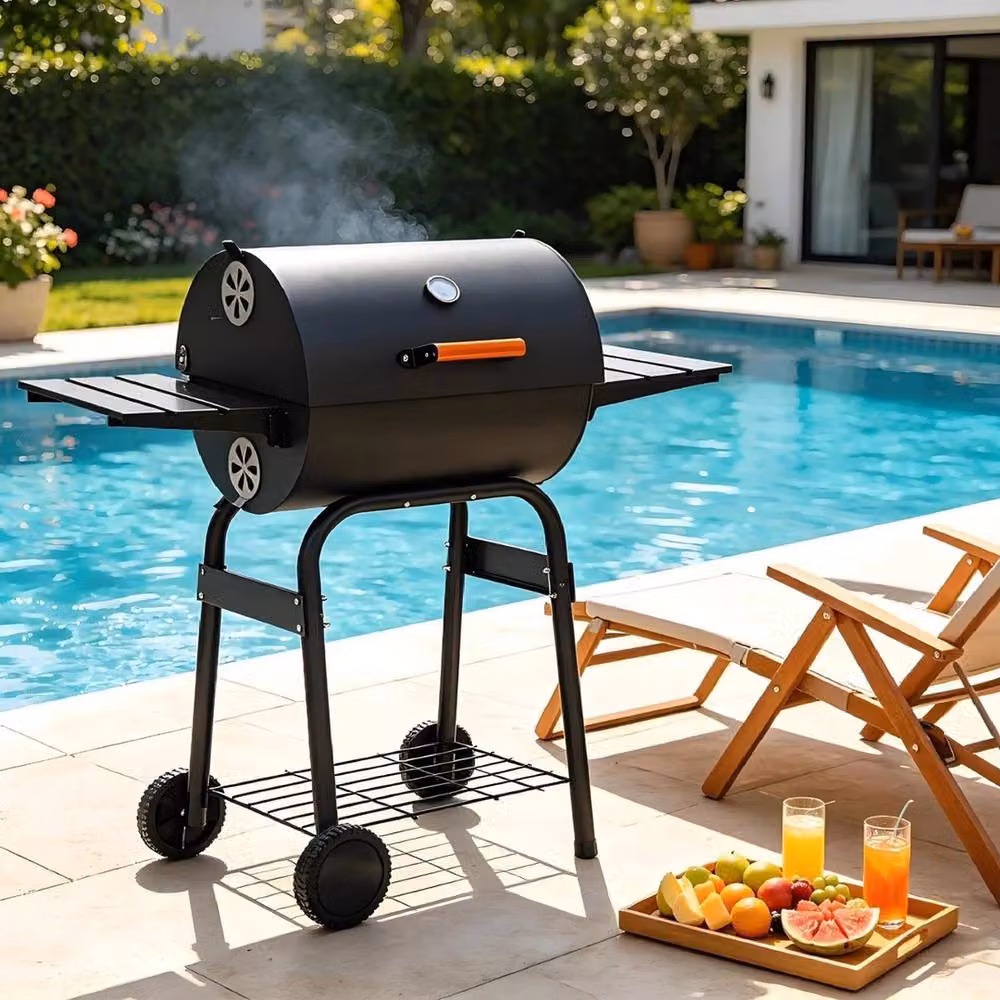 Havendro Charcoal Barrel Grill with Thermometer, Warming Rack and Wheels, Black – 2