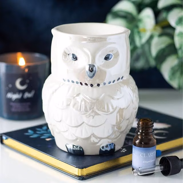 Kingsbury Gifts White Iridescent Owl Shaped Ceramic Oil Burner and Wax Warmer for Tealights