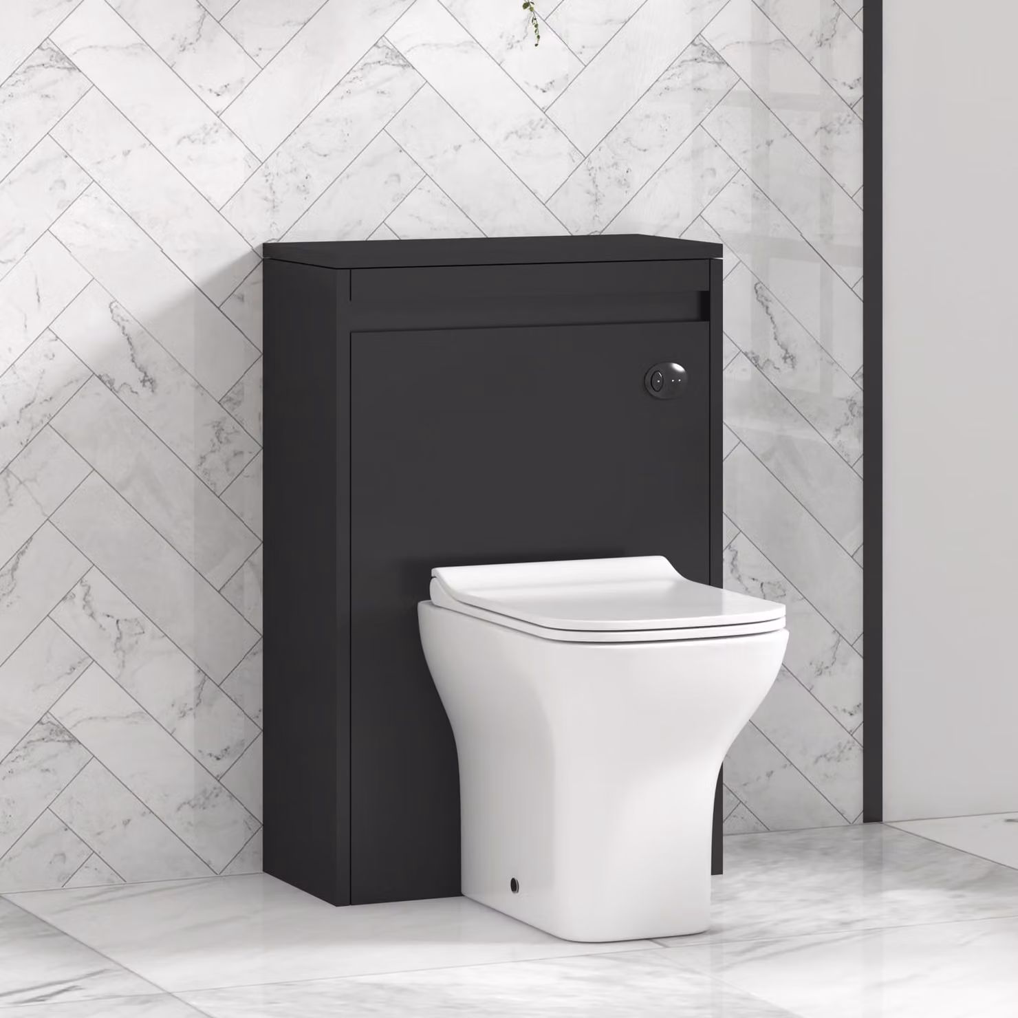 Royal Bathrooms Orion 540mm Matt Obsidian Black BTW WC Unit with Qubix Rimless Toilet Pan, Slim Soft Close Seat and Cistern with Black Accent Trim