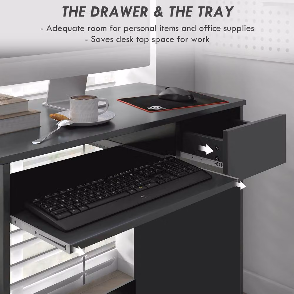 STILVORA Modern Computer Desk with Keyboard Tray and Drawer, Grey – 5