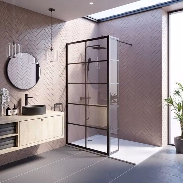 Bathwell Walk In Wet Room Screen with 8mm Black Grid Glass Return Panel, W: 100 cm, H: 195 cm