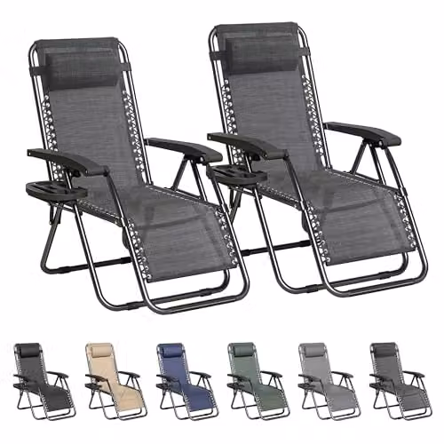 MCC Direct Set of 2 Zero Gravity Reclining Sun Loungers with Textilene Fabric, Cup Holders and Adjustable Headrests in Black and Grey – 1