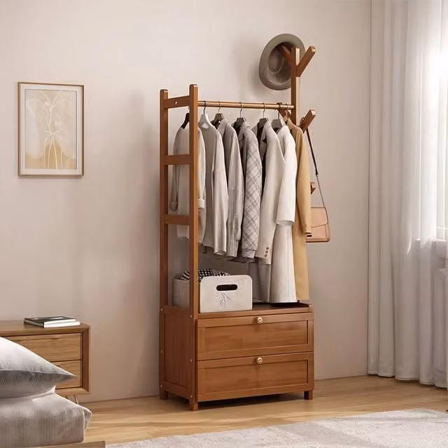 FORGEVIO Brown Wooden Garment Clothes Rack with Hanging Rod and Dual Hook Matrix, W/D/H: 50 x 30 x 138 cm