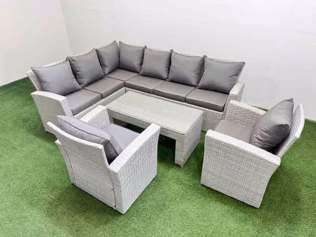 Fimous Outdoor 8 Seater Corner Sofa Set with Chair in Light Grey Mixed Rattan and Metal