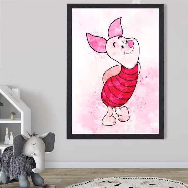 ARTZE Piglet Watercolour Winnie the Pooh Art Print in Pink with Black Frame – 1