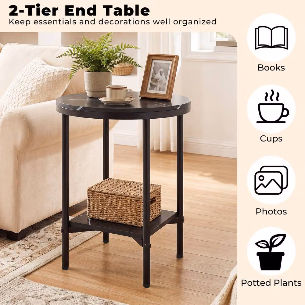 Gymax 2-Tier Round Side Table with Black Faux Marble Top and Metal X-Frame – 3