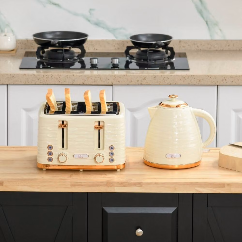 Rolipo Beige Ceramic Kettle and 4-Slice Toaster Set with 2.0L Capacity and Auto Shut-Off – 2