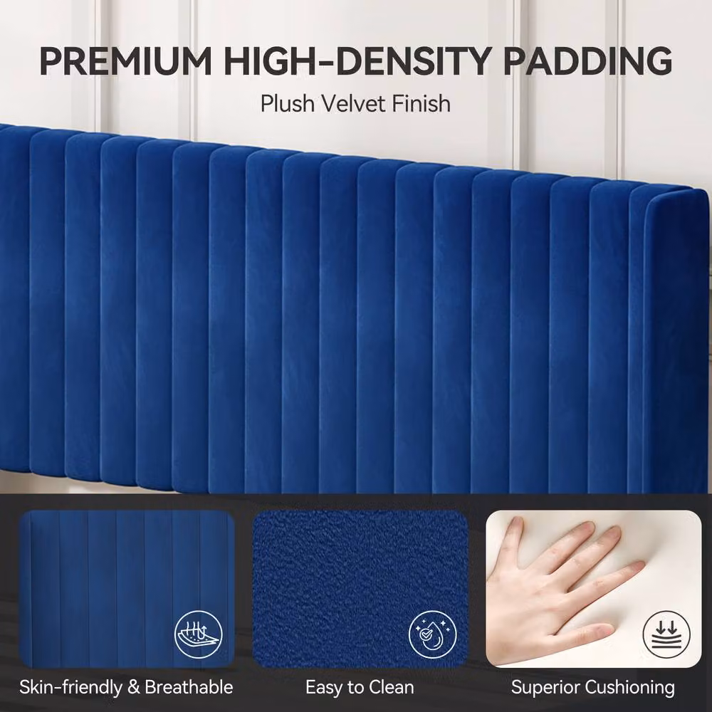 MCC Direct Charlie Velvet Upholstered Single Bed Frame with Channel Headboard in Blue, 90 x 200 cm – 2