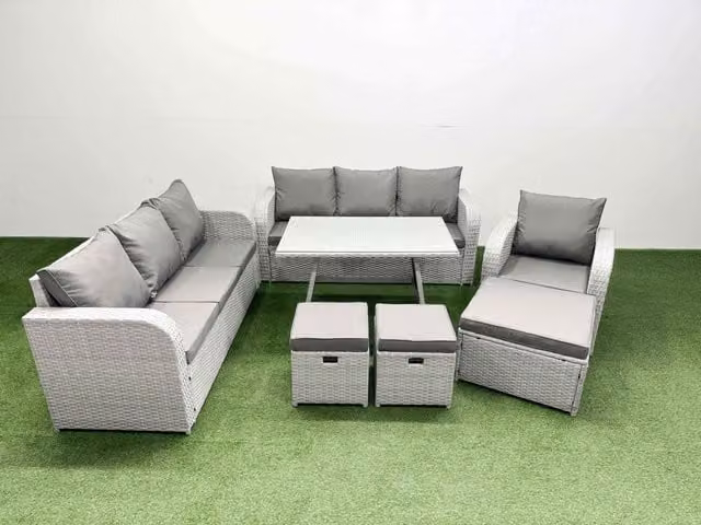 Fimous 7 Piece Outdoor PE Rattan Garden Furniture Set with 3 Stools in Light Grey