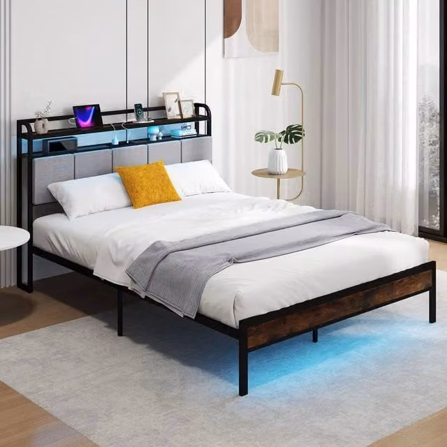 KORVIXA King Size Bed Frame with 2-Tier Storage, LED Under-Bed Lighting and USB Charging Ports, Multicolour, W/D/H: 180 x 200 cm
