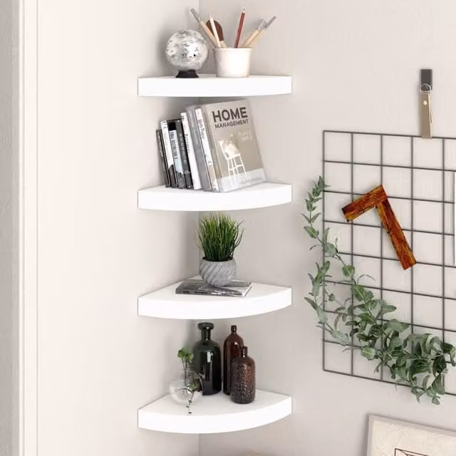 Berkfield Home White Floating Corner Shelves, 4 Piece MDF and Metal Set, W/D/H: 25 x 25 x 4 cm