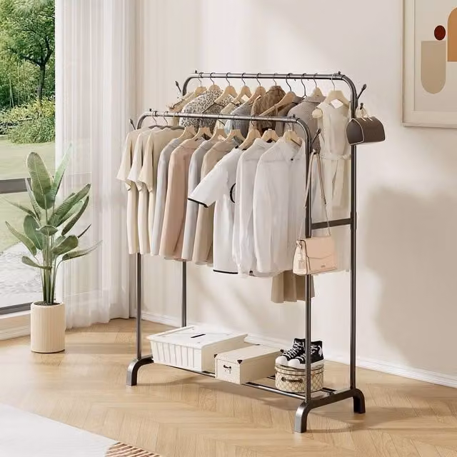 FORGEVIO Heavy Duty Double Clothes Rail Hanging Rack in Matt Black Metal