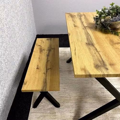 KOSY KOALA Modern Rectangular Dining Table and 2 Benches Set in Brown and Grey with X-Frame Metal Legs – 3