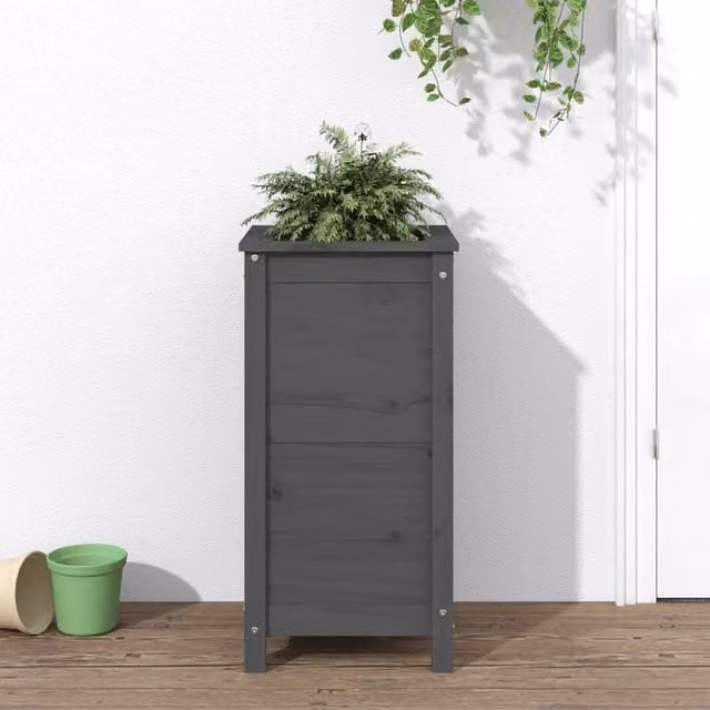 Berkfield Home Grey Solid Pine Garden Planter W/D/H: 40 x 40 x 78 cm