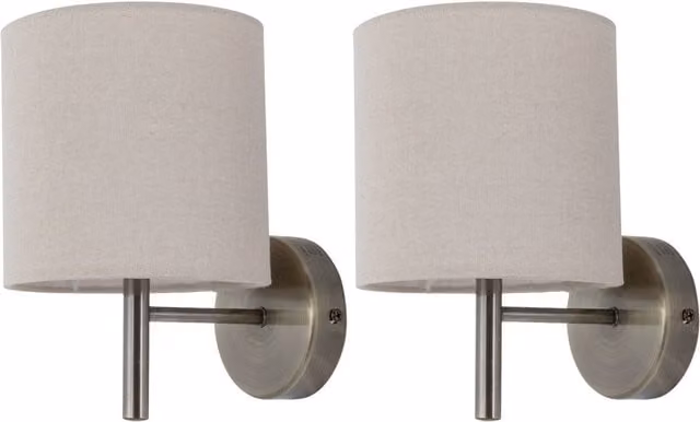 First Choice Lighting Brea Set of 2 Antique Brass Wall Lights with Beige Fabric Shades – 1