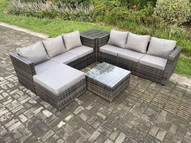 Fimous 7 Seater Rattan Garden Furniture Set in Dark Grey with Coffee Table and Ottoman