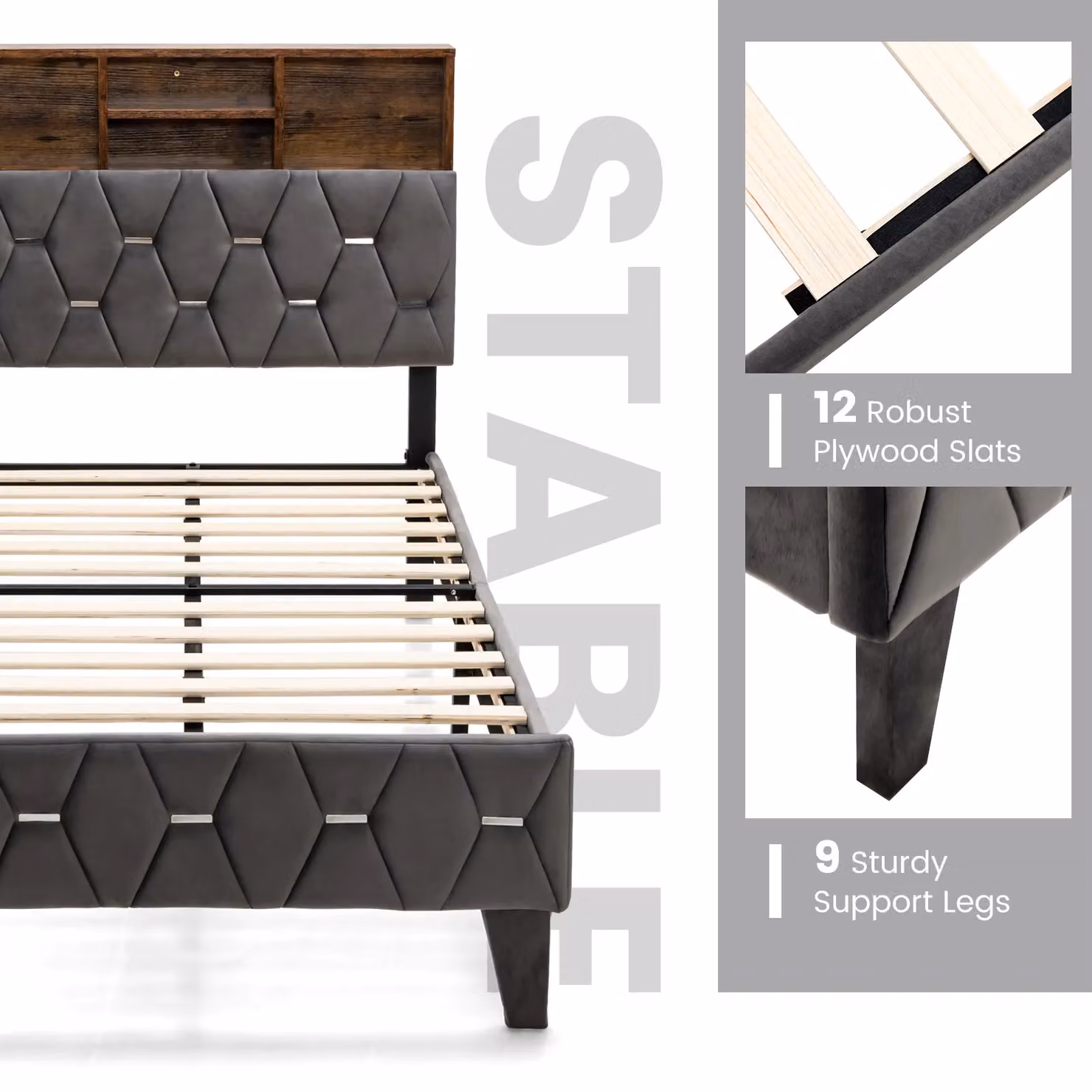 Costway Single Upholstered Velvet Platform Bed Frame with Storage Headboard and Side Compartments in Grey – 4