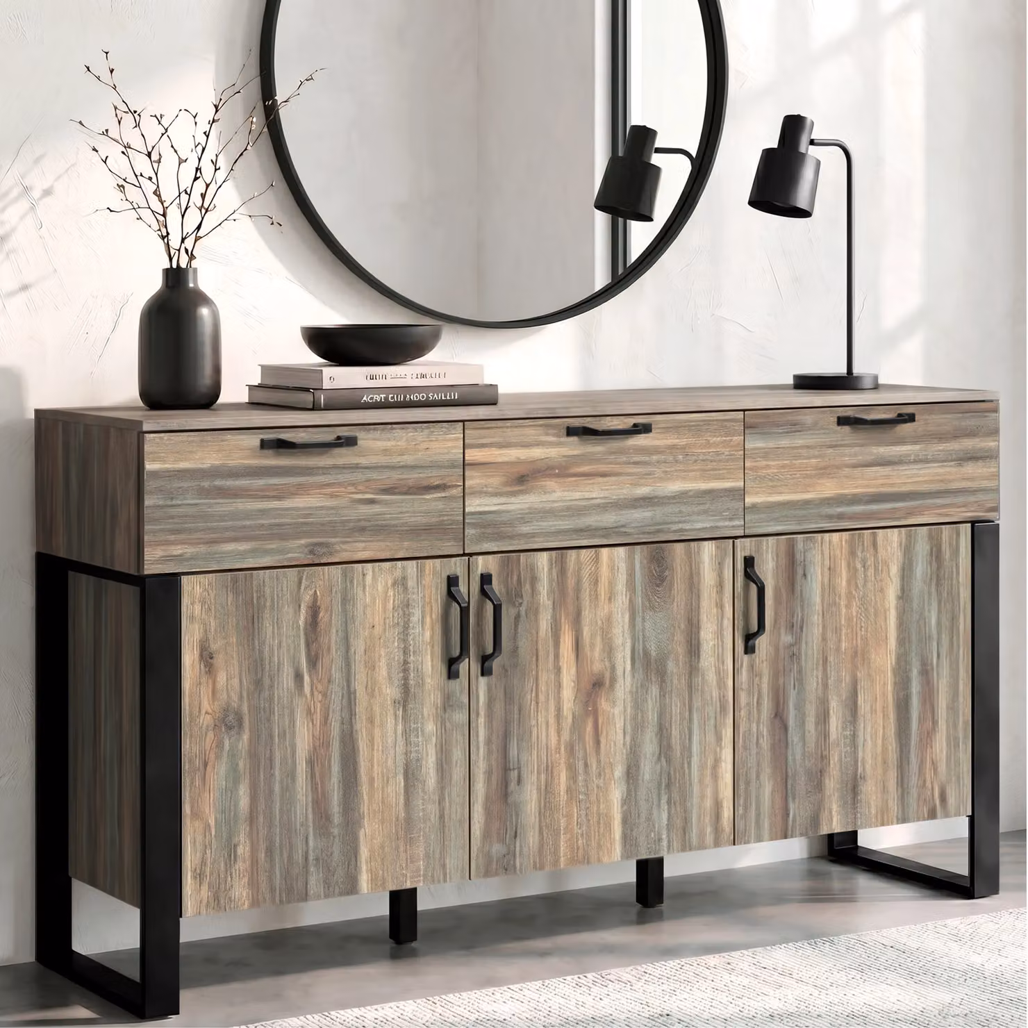 Ironmere Industrial Sideboard Cabinet with 3 Doors and 3 Drawers, Black and Brown, W/D/H: 150 x 40 x 80 cm