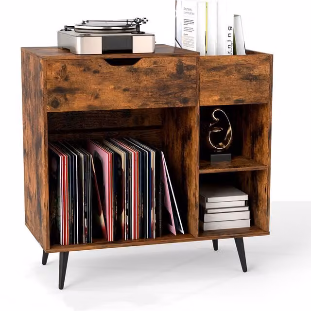COSTWAY Industrial Record Player Stand with 3 Dividers in Brown