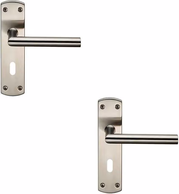 Loops 2x Mitred Lever Door Handle on Lock Backplate, Satin Stainless Steel, Silver, W/D/H: 17.2 x 4.4 x 6.2 cm