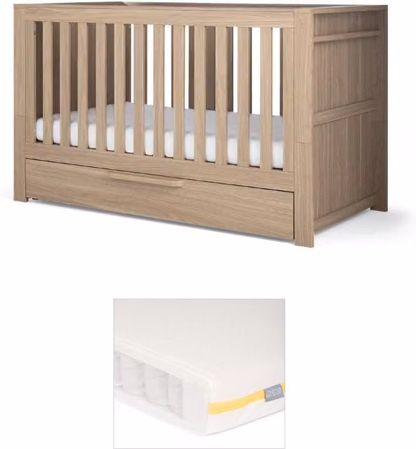 Mamas & Papas Franklin Cotbed and Essential Airflow Pocket Spring Mattress Bundle in Oak