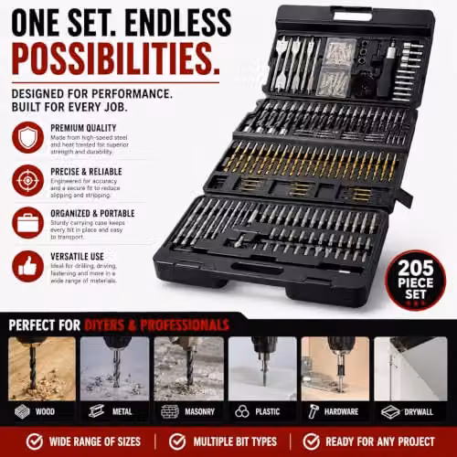 Lumberjack 205 Piece HSS Drill and Screwdriver Bit Set with Case, Black – 5