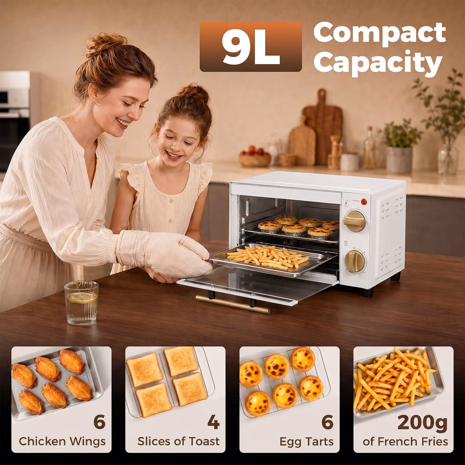 HOMCOM 9L Mini Countertop Electric Grill and Toaster Oven with Adjustable Timer and Auto Shut-off, White – 5