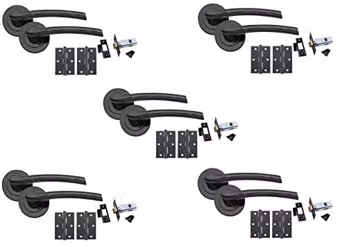 Golden Grace Indiana Door Handles with Latch and Hinges, Black Nickel, 64mm