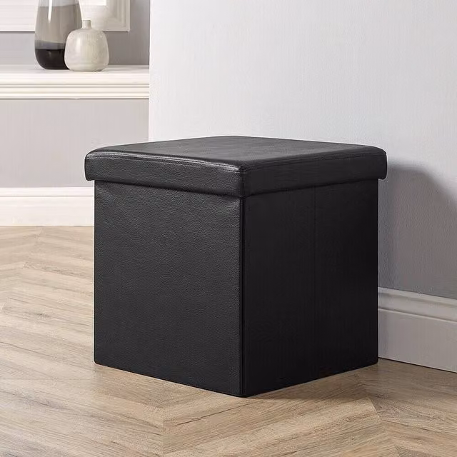 FORGEVIO Folding Ottoman Storage Chest in Black Synthetic Leather