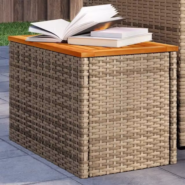 Berkfield Home Set of 2 Beige Poly Rattan and Solid Wood Garden Side Tables, W/D/H: 55 x 34 x 37 cm