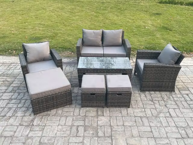 Fimous 7 Seater Rattan Garden Furniture Set in Dark Grey with Coffee Table and Ottomans
