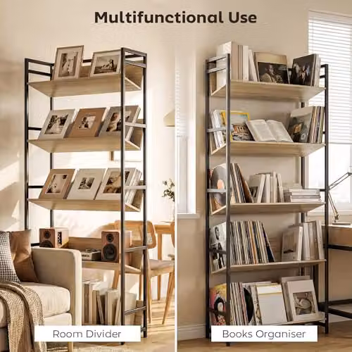 HOMCOM 5-Tier Industrial Bookshelf with Media Compartments in Brown and Black, H 174 x W 80 x D 35 cm – 3