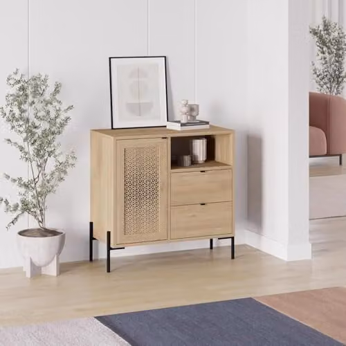 FWStyle Sapphire Oak Storage Cabinet with 1 Door and 2 Drawers, Black Metal Frame and Brown Wood, W: 100 cm, H: 80 cm, D: 39.6 cm – 2