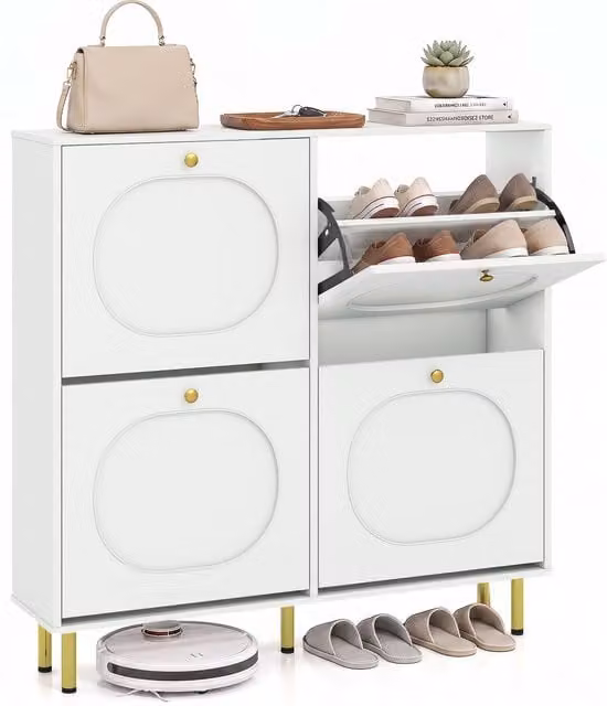 Costway Modern Narrow Shoe Storage Cabinet with Tilting Compartments and Open Shelf, Brown and White