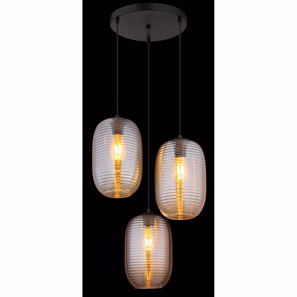 Netlighting Jefrey Cluster Pendant Light with Matt Black Metal and Amber Glass Shades, 3x E27 – 2